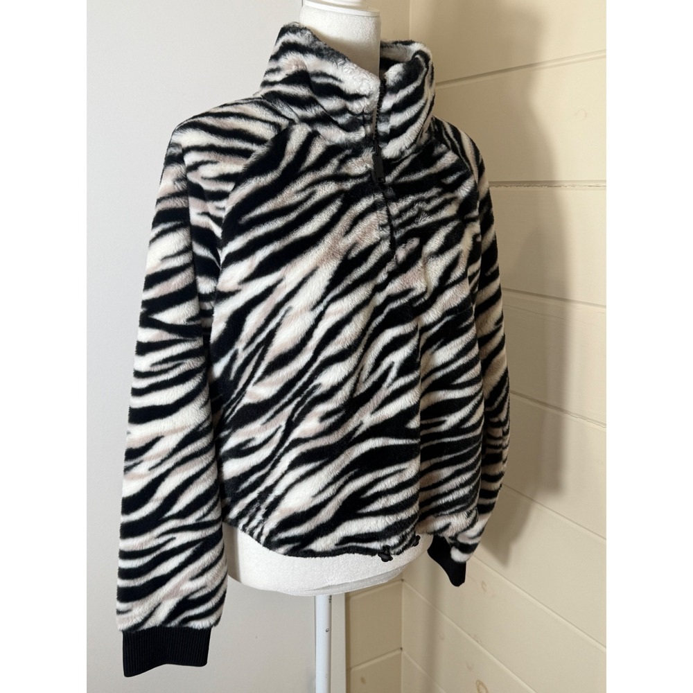 Calvin Klein Performance Fleece Faux Fur Zebra Print Quarter Zip Pullover L